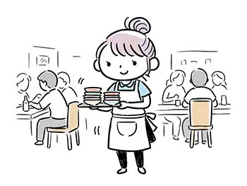 食堂やレストランで、食べ終わったお皿をトレーに乗せて運ぶ女性店員の無料イラスト。