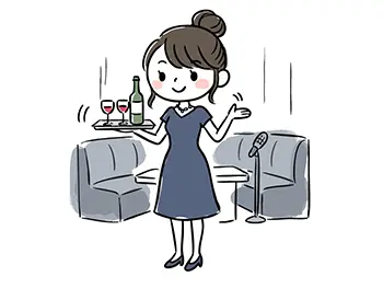 スナックやラウンジで、ワインのボトルとグラスをトレーで運ぶドレス姿の女性の無料イラスト。