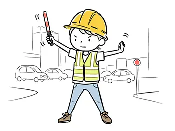 道路で誘導灯を持ち、停止の合図をするヘルメット姿の女性交通誘導員の無料イラスト。