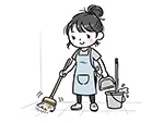ほうきで掃除する女性清掃員のフリーイラスト | かわいい手書き風素材