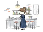 バーカウンターでグラスを拭く女性のフリーイラスト | おしゃれ・無料素材