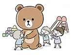 くまの着ぐるみで子供たちと遊ぶ保育士のフリーイラスト | かわいい・無料素材