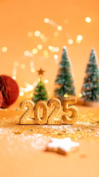 2025年クリスマスのかわいい無料背景イラスト。クッキーの数字とミニツリーが置かれた、高画質のスマホ用フリー素材。