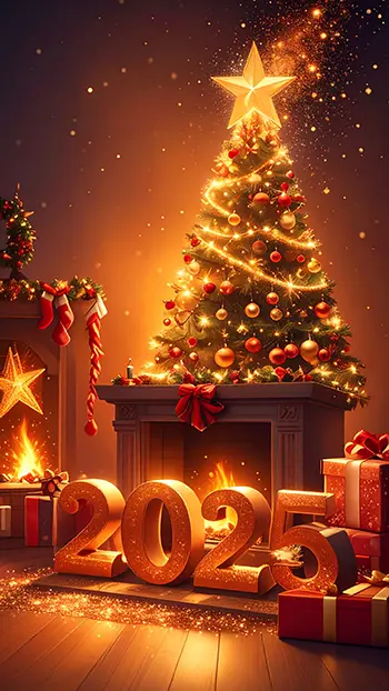 2025年クリスマスの無料背景イラスト。暖かい暖炉とクリスマスツリーがある室内の風景。高画質のスマホ用フリー素材。