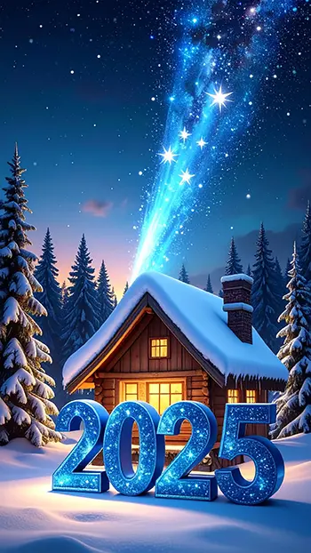 2025年冬の無料背景イラスト。雪景色の中のログハウスから星空へ光が放たれる幻想的な風景。高画質のスマホ用フリー素材。