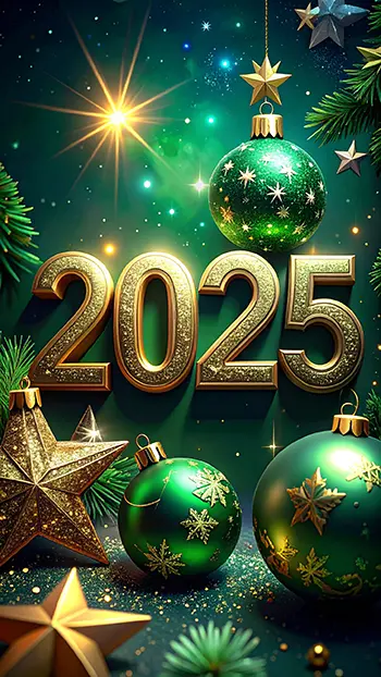 2025年クリスマスの無料背景イラスト。緑の背景に金色の文字とオーナメントが輝く、おしゃれで高画質なスマホ用素材。