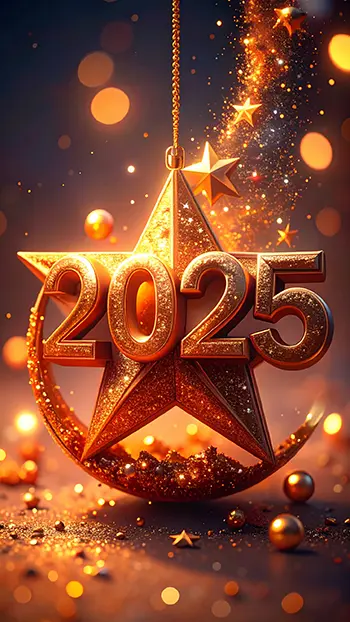 2025年の無料背景イラスト。「2025」とデザインされた金色の星と月のオーナメントが輝く、豪華でおしゃれな高画質フリー素材。