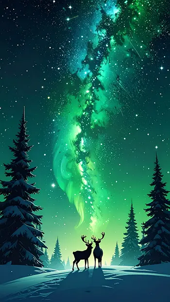 幻想的な冬の無料背景イラスト。緑のオーロラが輝く夜空とトナカイのシルエット。高画質のスマホ用フリー素材。