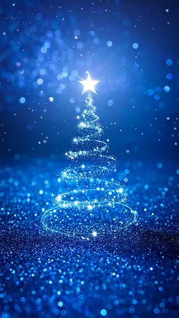 青い背景に光の粒子で描かれたクリスマスツリーの無料イラスト。幻想的で綺麗な高画質のスマホ用フリー素材。