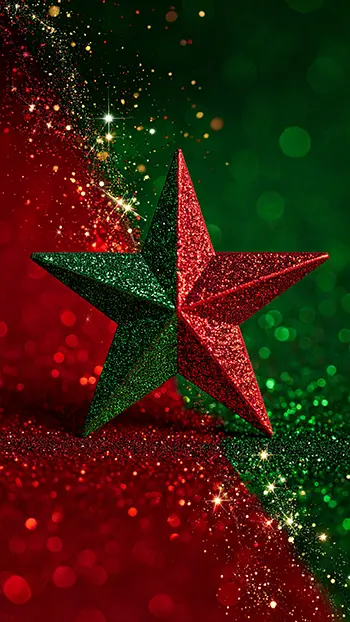 赤と緑のクリスマスカラーの無料背景イラスト。中央にキラキラ輝く星がデザインされた、おしゃれで高画質なスマホ用フリー素材。