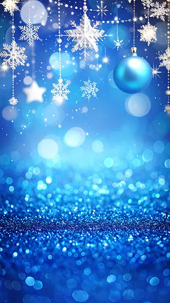 青いキラキラの無料背景イラスト。雪の結晶とオーナメントが吊り下がる、幻想的で高画質なスマホ用フリー素材。