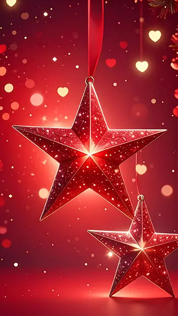 赤い背景に輝く星のオーナメントとハートのボケがかわいい無料イラスト。高画質のスマホ用フリー素材。