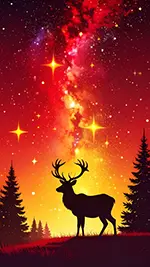 【無料】赤い夜空とトナカイのシルエット背景 | 幻想的な高画質イラスト