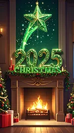 【2025年・無料】緑のクリスマス装飾と暖炉の背景 | おしゃれな高画質イラスト