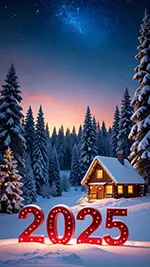 【2025年・無料】冬のログハウスと雪景色の背景 | 幻想的な高画質イラスト