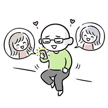 Free illustration of a man in matchmaking, feeling excited as he receives messages from multiple women on a dating app.