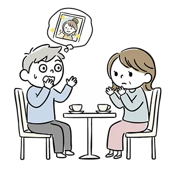 Free illustration material of a matchmaking man, shocked at a cafe upon meeting a woman who looks different from her dating app photo.