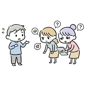 Free illustration of a man in a matchmaking scene, feeling awkward as women strictly check his specs like annual income and house.