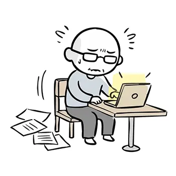 Free illustration material of a man, tired in front of his laptop, struggling to create his dating app profile for matchmaking.