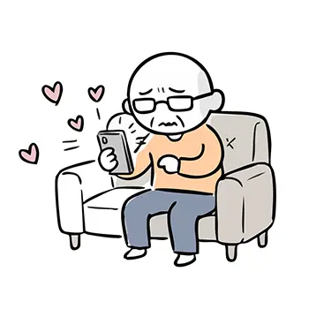 Free illustration of a matchmaking man sitting on a sofa, anxiously sending many 'Likes' to women on a dating app.