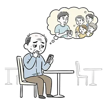 Free illustration of a middle-aged man at a cafe, looking at his phone and regretting not starting matchmaking sooner while recalling his youth.