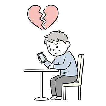 Free illustration of a matchmaking man, heartbroken and depressed in front of his phone with a broken heart after being rejected by a woman on a dating app.
