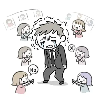 Free illustration of a man at a matchmaking party, crying in despair after being told 'NO' by all the women.