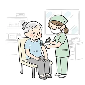 Illustration of an elderly woman receiving an influenza vaccination injection from a nurse at a hospital