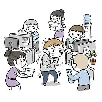 Illustration of a man coming to work with flu and being sprayed with disinfectant by annoyed colleagues