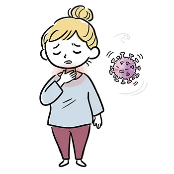 Illustration of a woman in pain with a red swollen throat caused by influenza virus