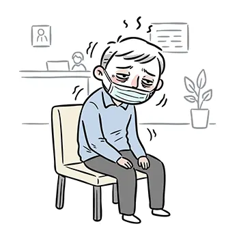 Illustration of a man with high fever and mask waiting exhaustedly in a hospital waiting room
