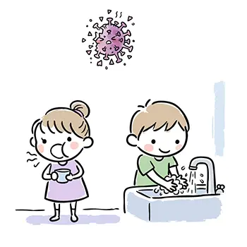 Illustration of a boy and girl washing hands and gargling at a sink to prevent influenza