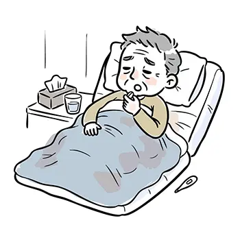 Illustration of an elderly man lying in a futon drinking water and taking medicine to treat influenza