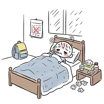 Illustration of a child sleeping in bed with a thermometer absent from school due to flu and a calendar