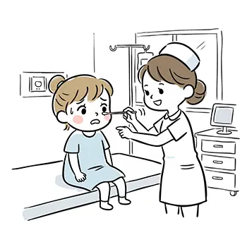 Illustration of a girl being tested for influenza by a nurse rubbing the back of her nose with a swab in pediatrics