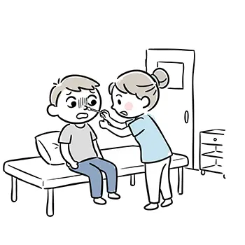 Illustration of a man receiving an influenza test by having a swab put in his nose by a nurse at a hospital