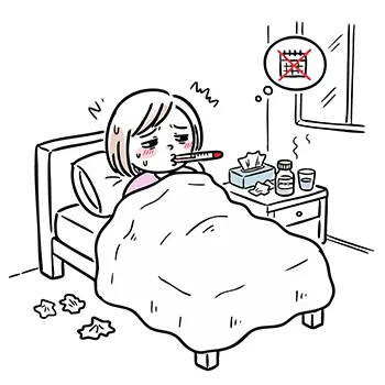 Illustration of a woman absent from company due to flu sleeping in bed with thermometer and calendar