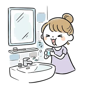 Illustration of a woman preventing influenza by gargling with water from a cup in the washroom