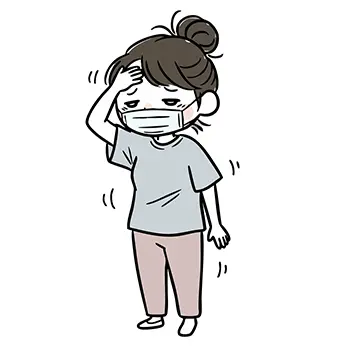 Illustration of a woman wearing a mask holding her hand to her forehead and wobbling from high influenza fever