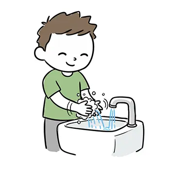 Illustration of a boy washing hands with a smile lathering plenty of soap at the faucet
