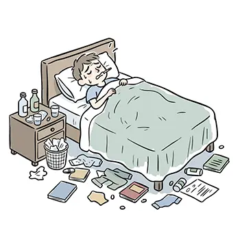 Illustration of a man sleeping in a bed in a room scattered with trash and clothes due to high influenza fever