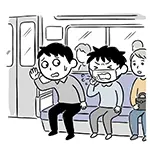 Free Illustration of a Man Worried about Influenza Infection from Coughing Neighbor on Train