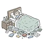 Free Illustration of a Man with Influenza Sleeping in a Messy Room