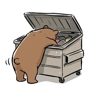 Illustration of the back view of a bear sticking its head into a large garbage collection box and scavenging raw garbage