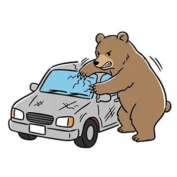 Illustration of a bear climbing on the bonnet of a car and breaking the windshield with its claws