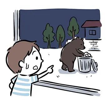 Illustration of a boy looking out the window sweating cold sweat noticing a bear scavenging a trash can