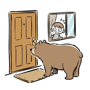 Illustration of a large bear standing in front of the entrance door and a child surprised looking from the window