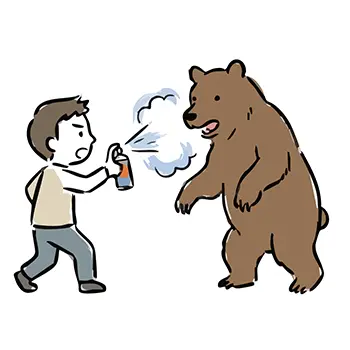 Illustration of a man spraying repellent spray towards a bear trying to attack standing up