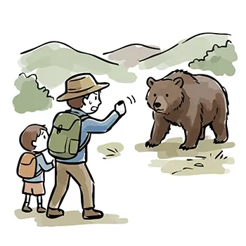 Illustration of a parent and child stopping and being vigilant against a bear appearing during hiking on a mountain road
