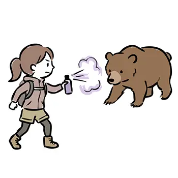 Illustration of a female hiker holding repellent spray towards a bear encountered during climbing